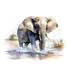 A watercolor painting of an elephant in the water. Generative AI.