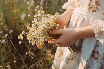 Close up a woman's hands holding a camomile flowers bouquet. Cottagecore aesthetics