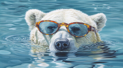 Polar bear head sticking out of water with sunglasses.