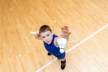 Kid playing badminton. Horizontal sport theme poster, greeting cards, headers, website and app