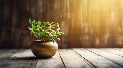 Elegant flower pot with green plant. space for text. minimalist scene.