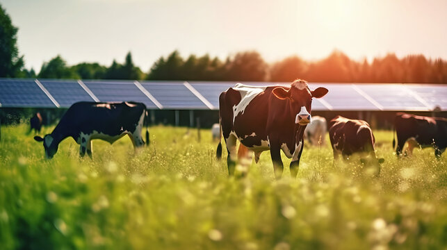 Cows grazing in the evening sun in front of solar panels, generative ai