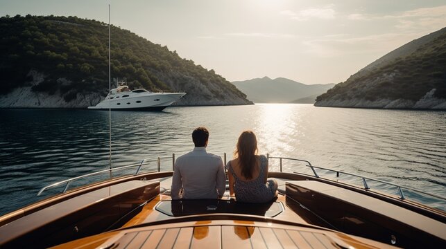 Woman and man relaxing on a yacht in a beautiful clear sea against the sunset. relaxing luxury.