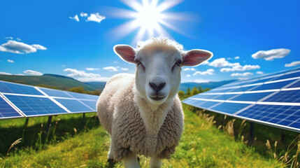 Portrait of a sheep on a meadow in front of solar power panels in bright daylight, generative ai
