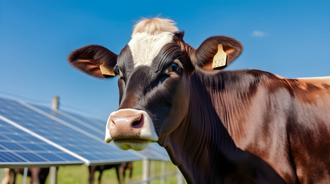 Portrait of a cow on a meadow in front of solar power panels, generative ai
