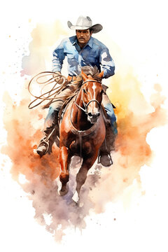 A watercolor painting of a cowboy on a horse. Generative AI.