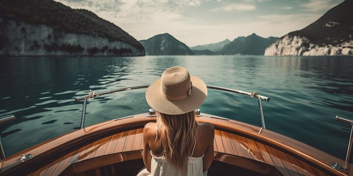 Woman relaxing on a yacht in a beautiful clear sea against the sunset. relaxing luxury.