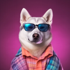 the charming smile of a Husky dog in this delightful portrait. Wearing stylish fashion sunglasses, Set against a vibrant pink background generative AI.