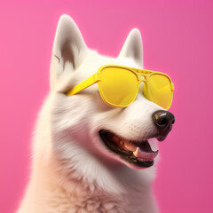 the charming smile of a Husky dog in this delightful portrait. Wearing stylish fashion sunglasses, Set against a vibrant pink background generative AI.
