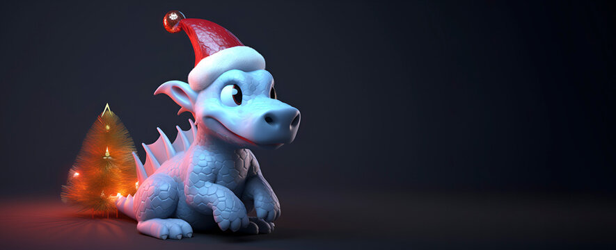 A cute cartoon green dragon in a Santa hat is holding a gift and sitting next to the Christmas tree. Generative AI