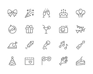 Happy Birthday Party line icon set. celebration, anniversary, congratulation, cake, gift, decoration Flowers, Karaoke, Dj Masquerade Holidays icon vector symbol logo illustration line editable stroke