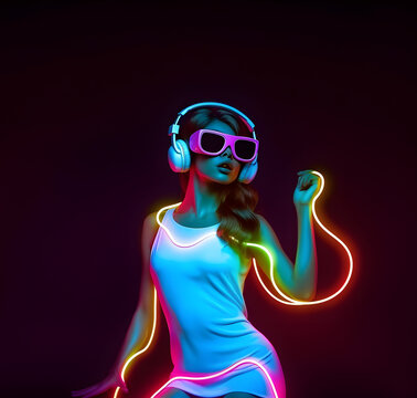 Young woman with VR glasses dancing. AI generated
