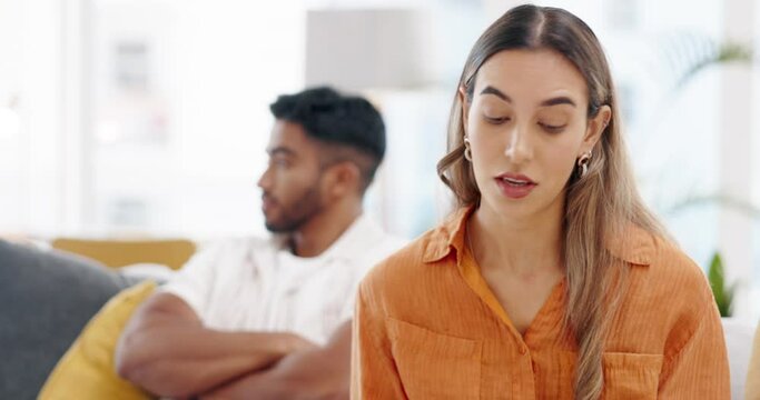 Angry woman talking to man in fight, problem and drama of divorce, cheating and mad at home. Couple in argument, bad relationship and frustrated partner speaking about emotions, betrayal and conflict