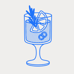 Spicy Paloma cocktail with grapefruit slice, jalapeño rounds, and rosemary. Line art, retro. Vector illustration for bars, cafes, and restaurants.