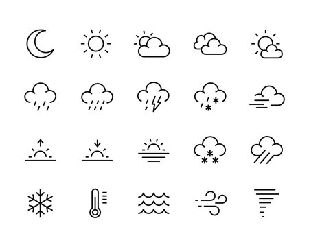 weather icons. Weather line icon set. Sun, rain, thunder storm, dew, wind, snow cloud, sky, clouds, snowflake, wind, rainbow, moon Editable Stroke vector illustrations.