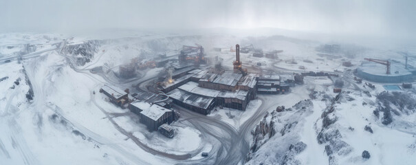 Aerial view of large surface mine in winter, industrial buildings and machinery with snow around - natural resources mining concept. Generative AI