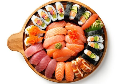 An assorted sushi platter radiating vibrant colors, showcasing a variety of rolls, nigiri and sashimi, symbolizing Japanese culinary artistry, generative ai