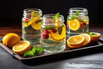 Fototapeta na wymiar refreshing fruit-infused water with mint and lemon slice, created with generative ai