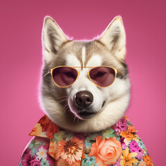 Stylish and happy Husky dog wearing a flower shirt and dress, and fashionable sunglasses, posing against a vivid, saturated background. generative AI.