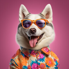 Stylish and happy Husky dog wearing a flower shirt and dress, and fashionable sunglasses, posing against a vivid, saturated background. generative AI.