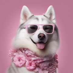 Obraz premium Stylish and happy Husky dog wearing a flower shirt and dress, and fashionable sunglasses, posing against a vivid, saturated background. generative AI.