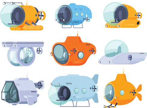 Submarines in cartoon style. Exploration of water depths, tourist boats for exploring the bottom of the sea. Vector illustration