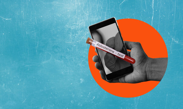 Art collage, the hand with the phone, aldosterone test on blue background.