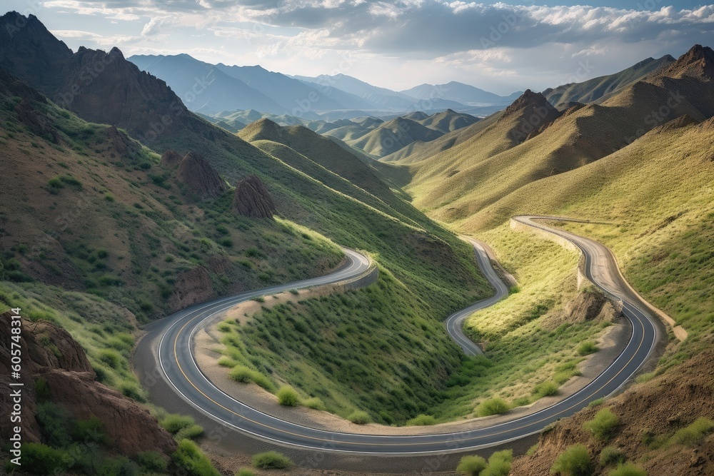 Poster scenic highway with twisty curves and scenic view of the mountains, created with generative ai