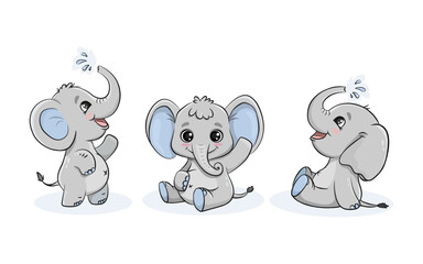 Cute cartoon elephant poured water from his trunk. Funny Animal character. Vector illustration 