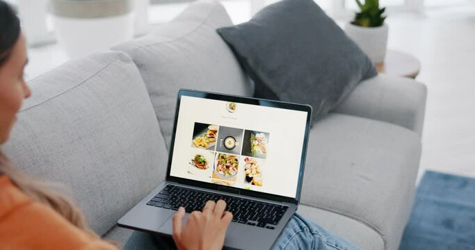 Woman, laptop and online shopping food website on living room sofa for ecommerce, menu or meal at home. Female lying on couch browsing restaurant homepage or store for lunch or dinner on computer