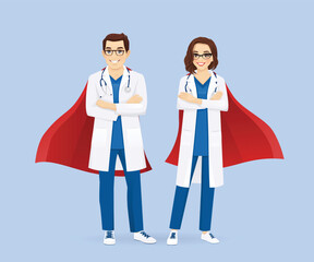 Male and female super doctors or nurses standing wearing red capes. Man and woman profession characters vector illustration