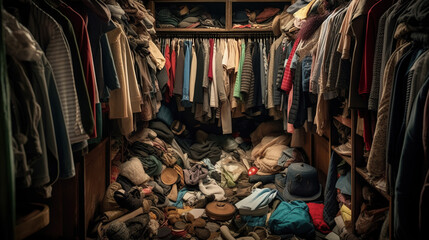 Fototapeta na wymiar Incredible closet full of messy clothes.