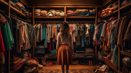 Fototapeta premium Woman from behind looking at her closet full of clothes.