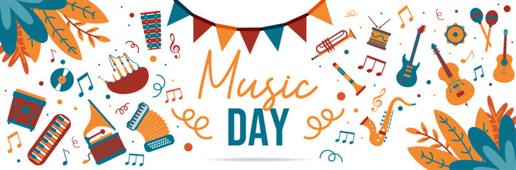Music day - Banner - Celebrating the Joy of Music on World Music Day - Editable vector illustrations and titles - obrazy, fototapety, plakaty