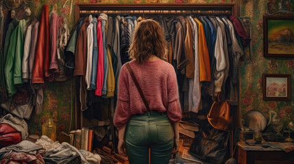 Fototapeta na wymiar Woman from behind looking at her closet full of clothes.