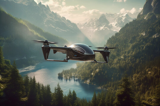 eVTOL, electric aircraft flying between the mountains