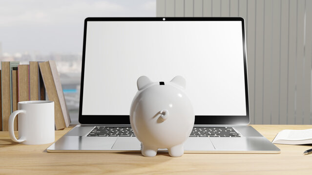 White piggy bank looking at a laptop