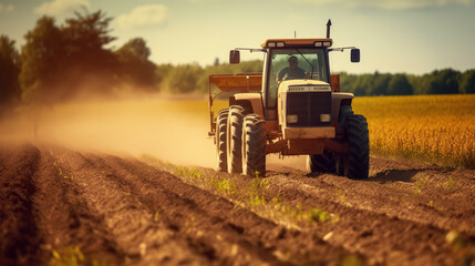 Fototapeta premium tractor harvesting wheat with sunset in the background.