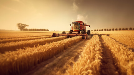 Obraz premium tractor harvesting wheat with sunset in the background.