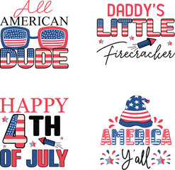Happy 4th of July American Independence Day Colorful Graphics Bundle on White Background. Funny Fourth of July US National Patriotic Celebration Typographic Quotes for Print on Demand Business. 