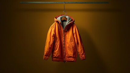 orange jacket hanging on wall. minimalist image.