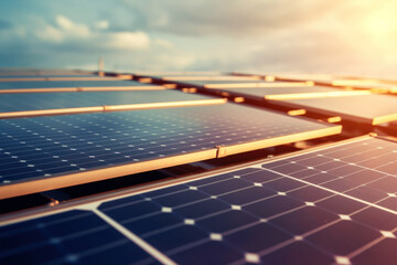 Solar panels with afternoon sky sunset background. Closeup detail. Generative AI