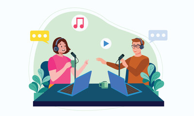 Online live Podcast concept illustration for world radio Day With male and female Guest