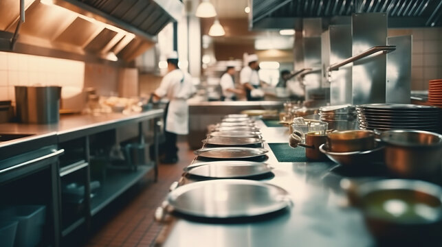 Chefs working in restaurant kitchen.