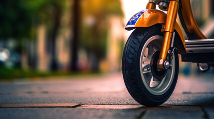 detail of electric skateboard. Street background