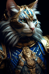 A anthropoid cat wearing a armor costume. Generative AI