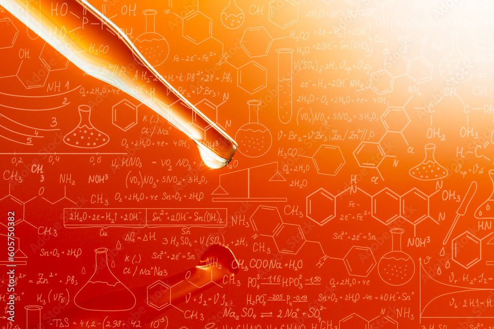 Wall mural macro science experiment pipette surface,top view macro shot of chemical dropper injects oil into cl