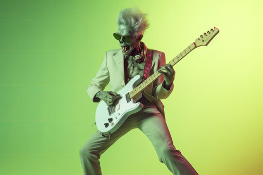 A zombie musician playing guitar. Halloween party. Generative ai
