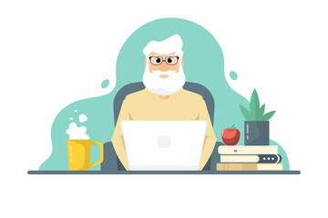 Smart human senior typing laptop over sofa chair on isolated background, Vector illustration.
