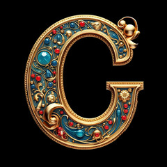 Capital letter "C" gem stones in Art Nouveau style. Made with Generative AI.